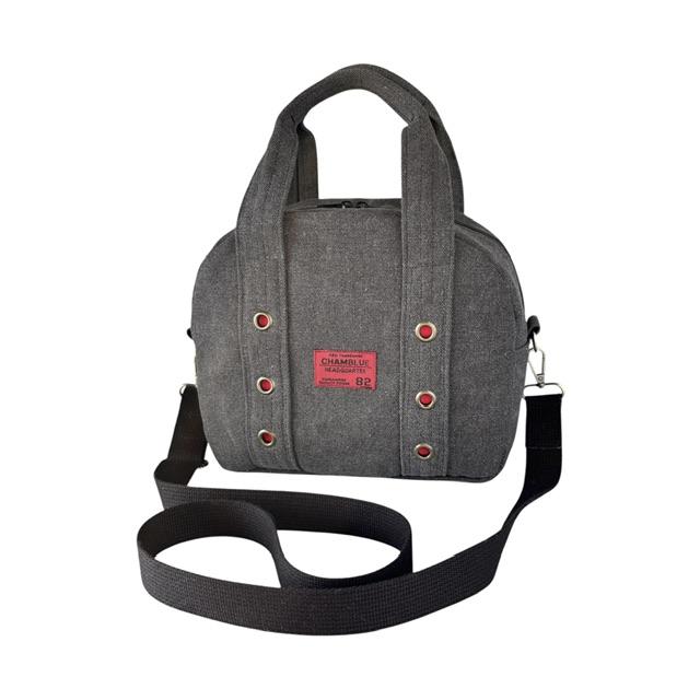 黒帆布の6連ハトメ2wayボストンショルダーバッグ | 4枚目