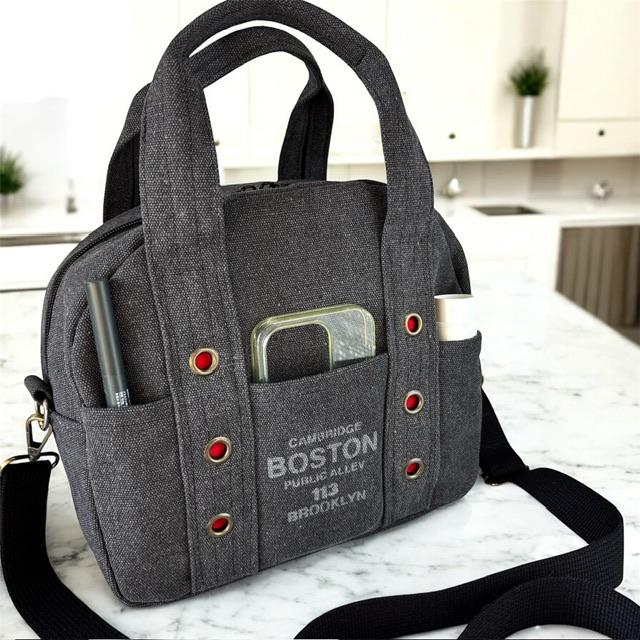 黒帆布の6連ハトメ2wayボストンショルダーバッグ | 6枚目