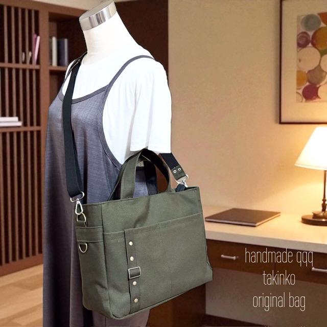 A4入る⭐︎カーキ帆布の男前スクエアトートバッグ | 13枚目