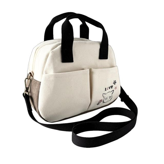 ブラウン＋生成り帆布の猫boxerボストンショルダーバッグ | 3枚目