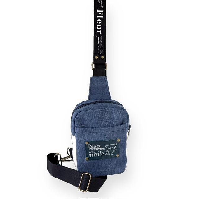 2色帆布の猫boxerミニボディバッグ(ブルー | 2枚目