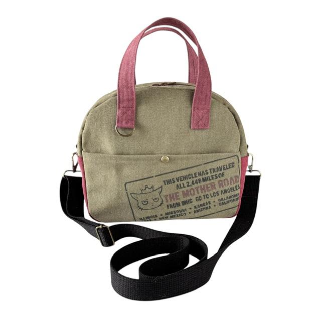 赤+モスグリーン帆布の猫boxerボストンショルダーバッグ1枚目の画像